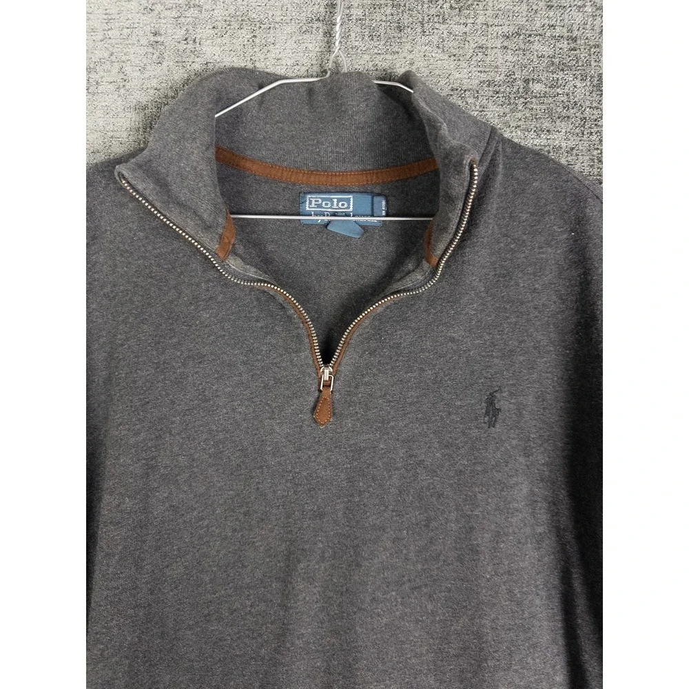 VTG Polo Ralph Lauren Pullover Mens Heather Gray Q‎ Zip Classic Pony Elbow Patch